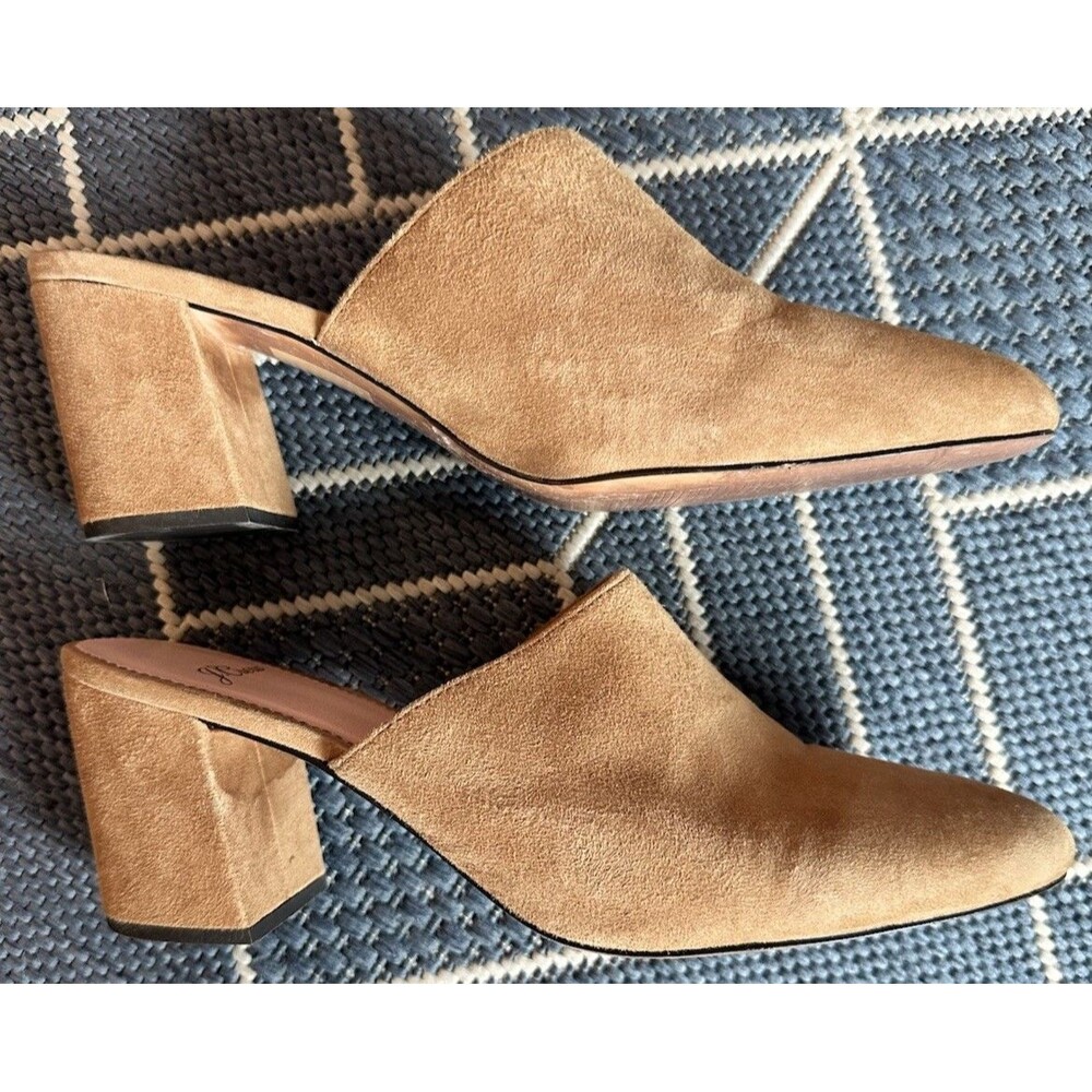J Crew Tan Suede Pointed Toe Stacked Mid Block Heel Slip On Mules Clogs Size 9 - Picture 4 of 13